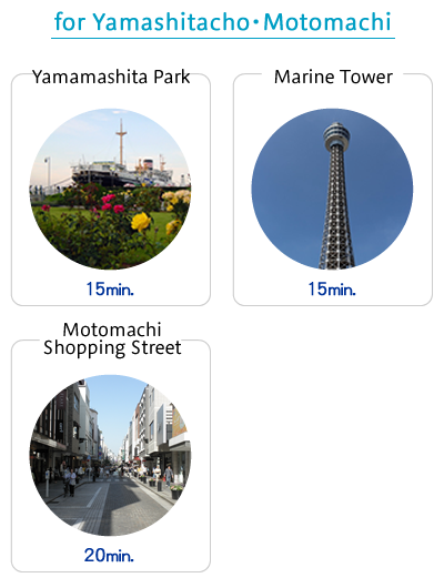 for Ymashitacho・Motomachi：15minutes to Yamashita Park,15minutes to Marine Tower,20minutes to Motomachi Shopping Street